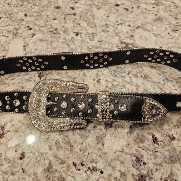 FULL OF BLING! Black Genuine Leather Belt - Medium, Like New main image 14